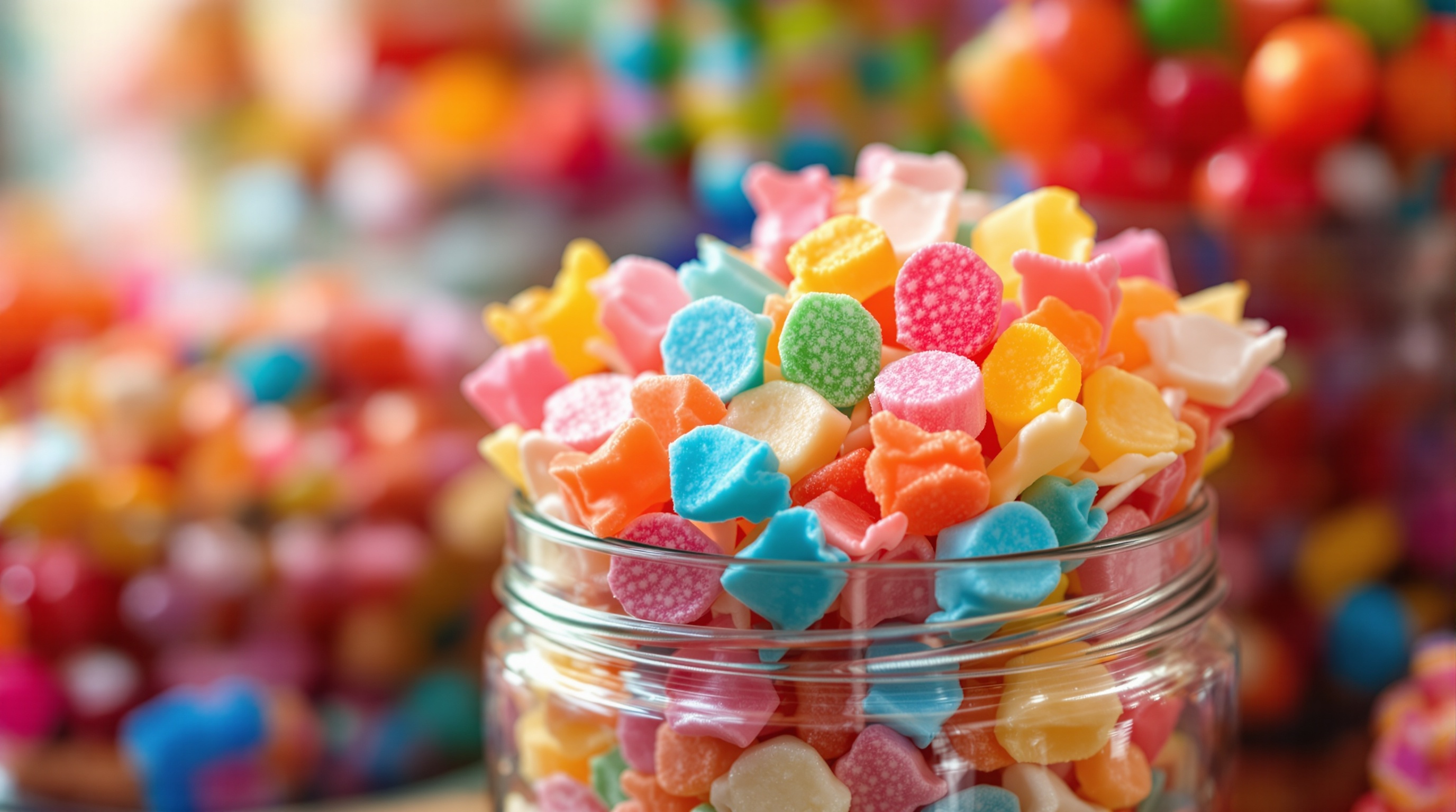 Assorted saltwater taffy in pastel wrappers displayed in a glass candy jar with colorful bulk candy in background