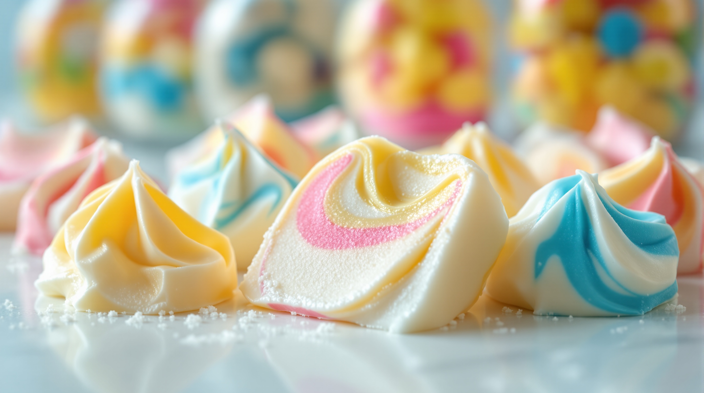 Macro close-up of unwrapped assorted saltwater taffy pieces in pastel pink, yellow, white, and blue swirled colors on a bright surface