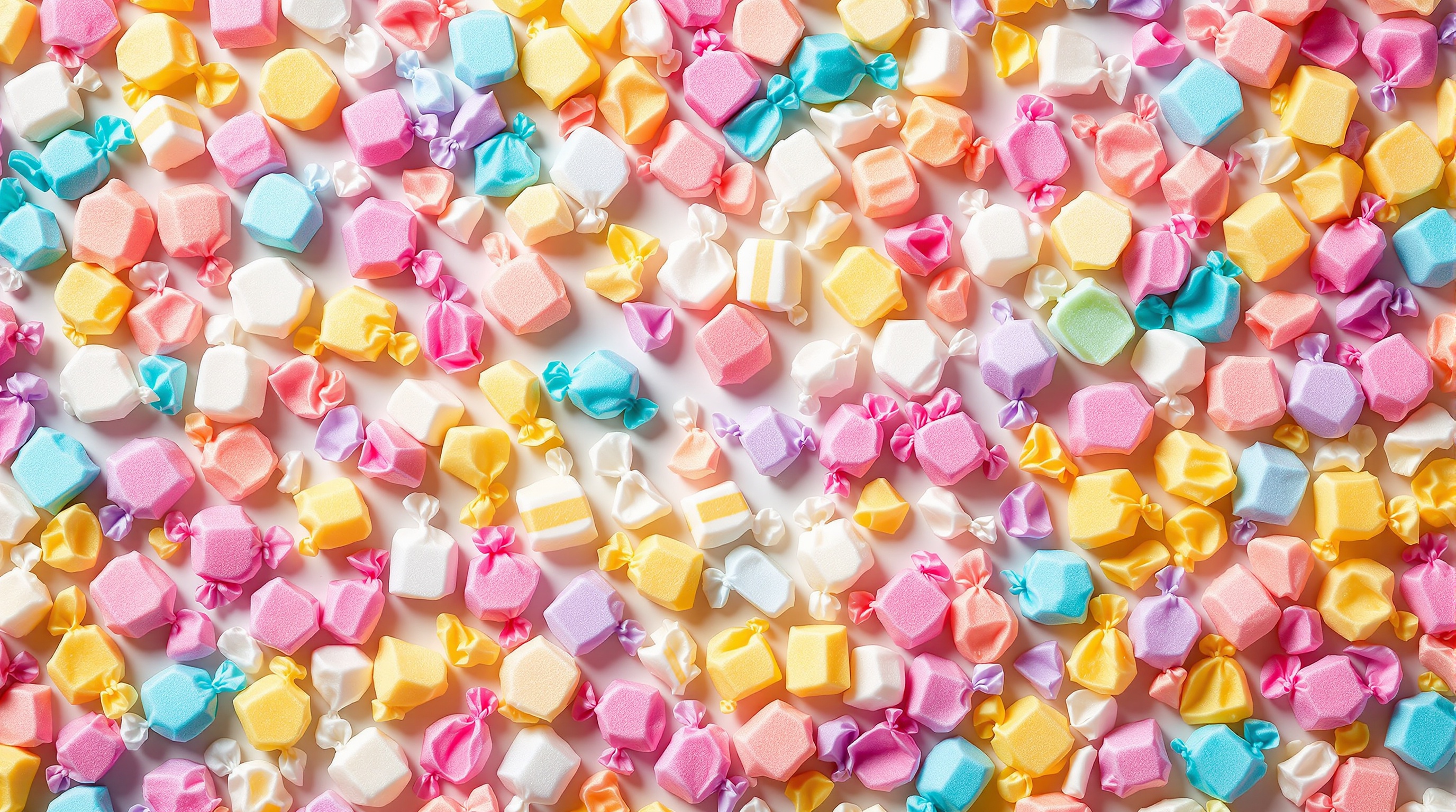 Hundreds of colorful saltwater taffy pieces in assorted wrappers covering an entire bright white surface in a dramatic flat lay