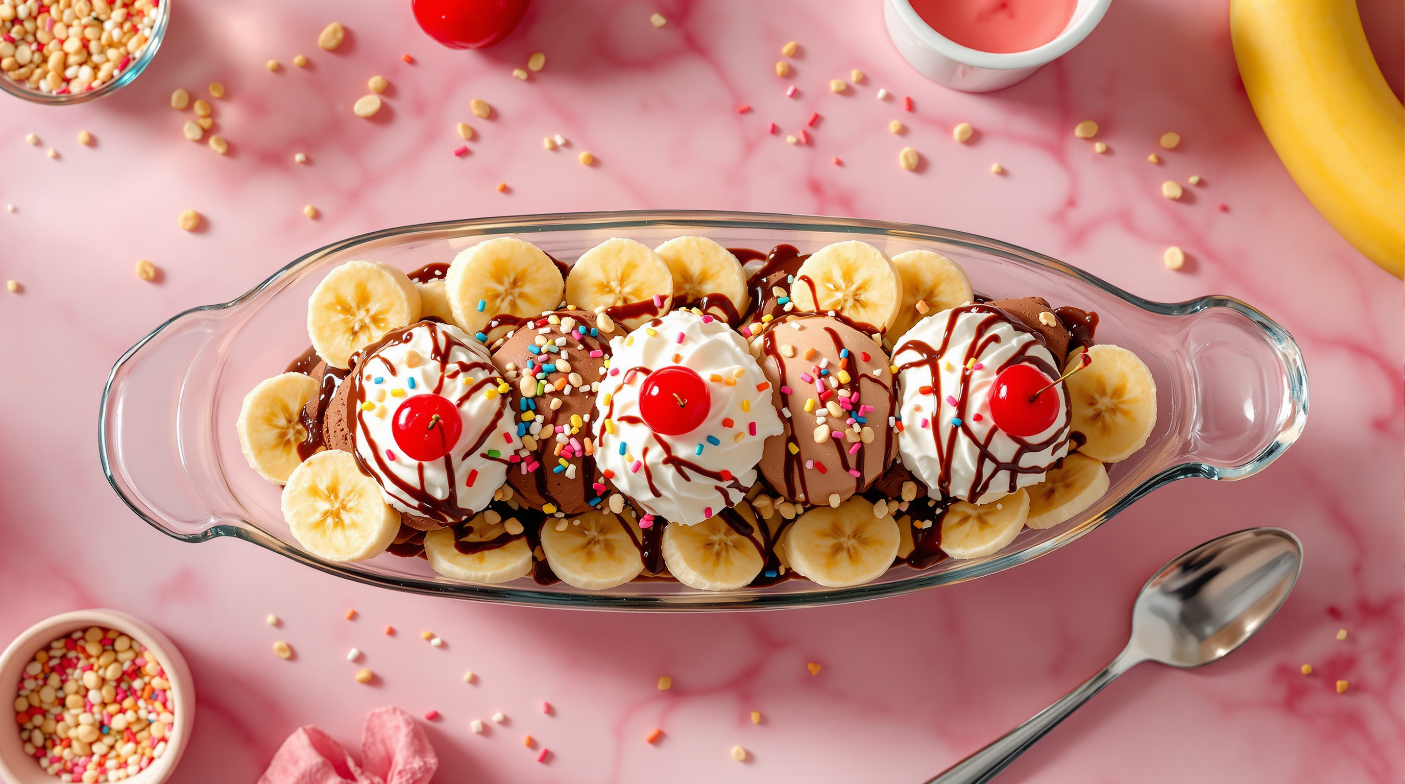 Overhead flat lay of a classic three-scoop banana split sundae with sprinkles and cherries