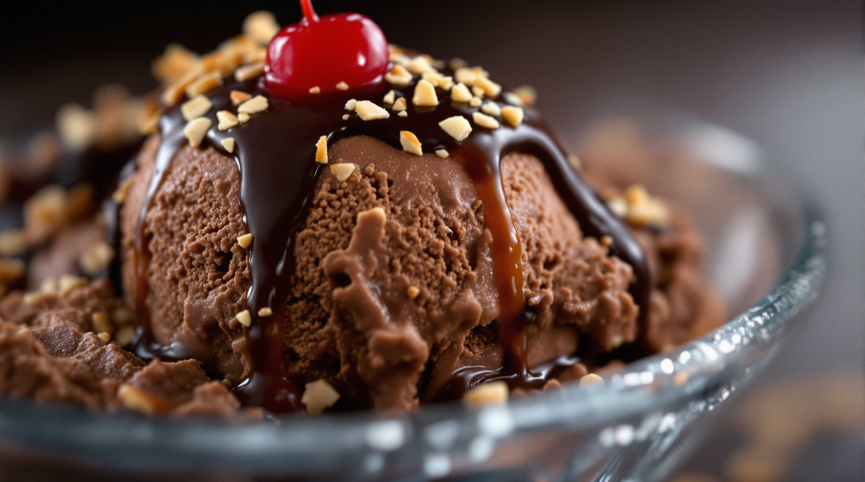 Close-up of chocolate scoop with hot fudge cascading down the side and a maraschino cherry on top
