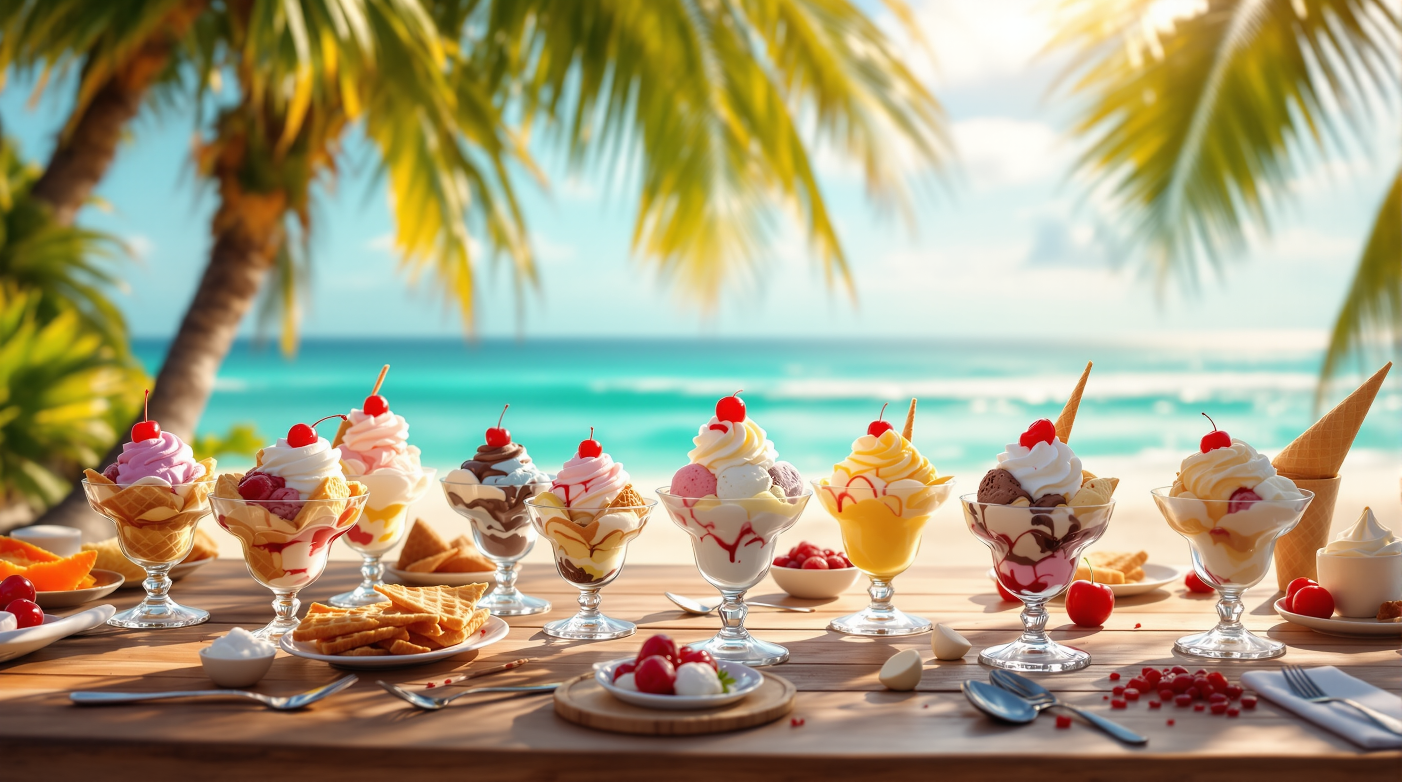 Lavish ice cream spread on a sunlit beachside table with palm shadows