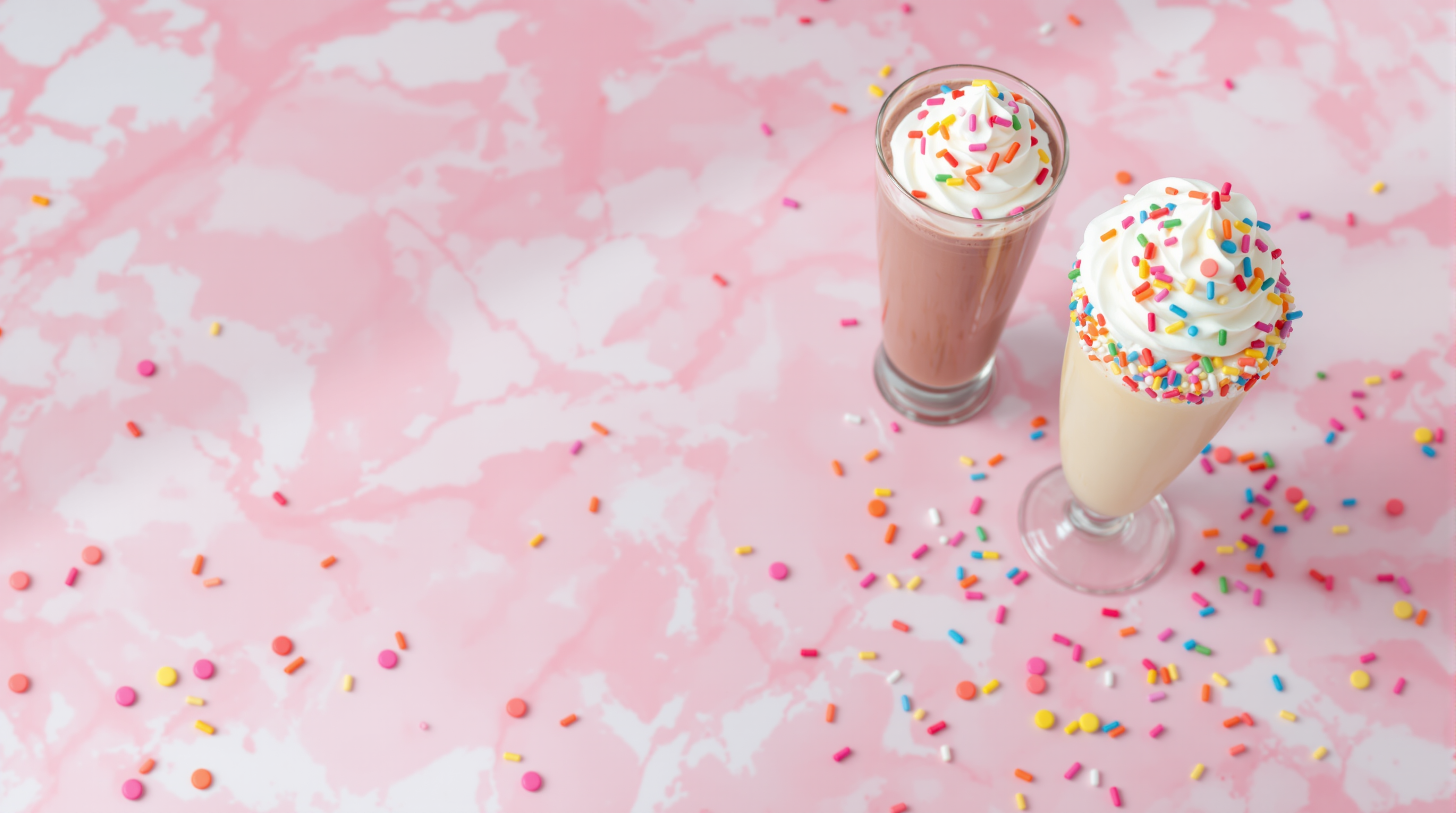 Overhead flat lay of three colorful milkshakes with rainbow sprinkles and whipped cream