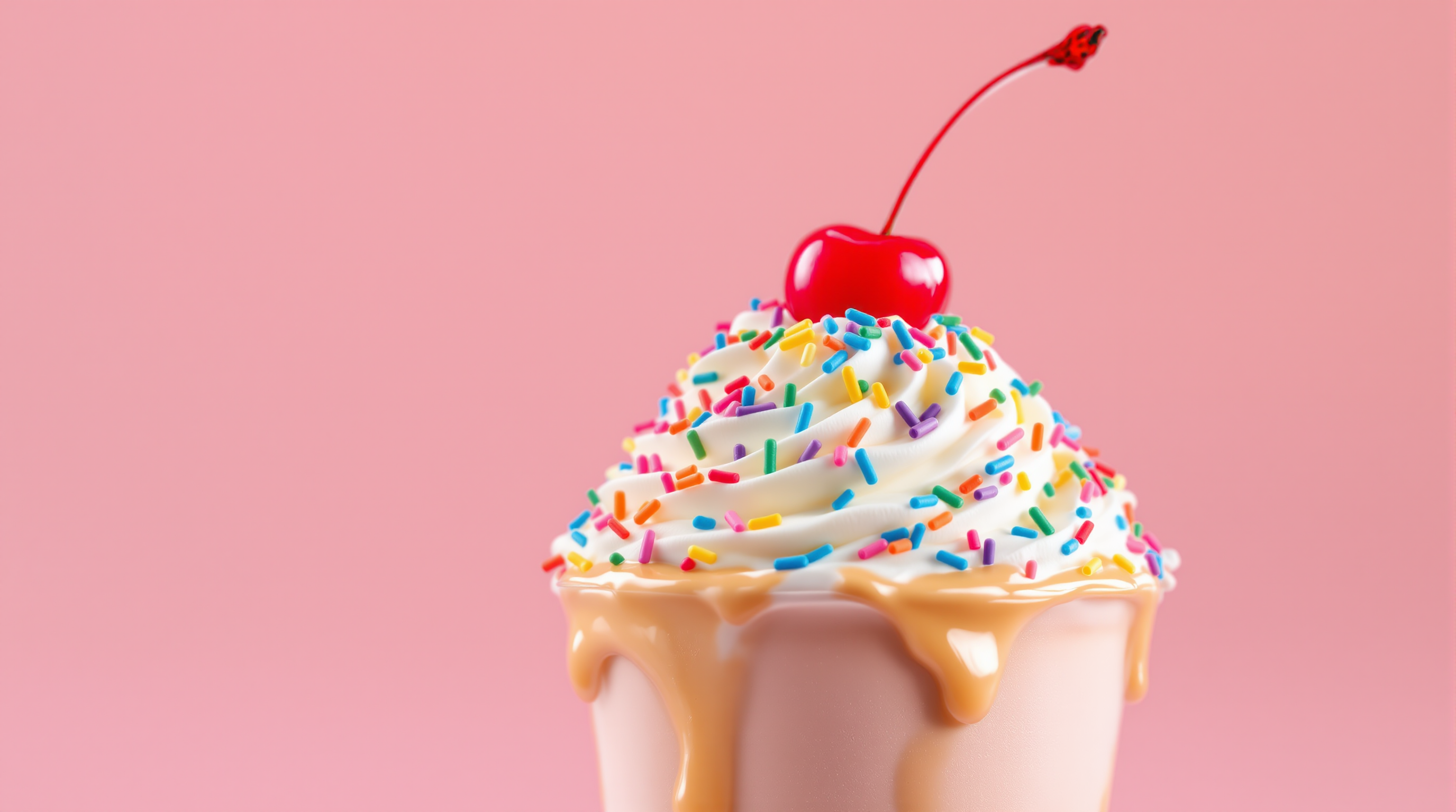 Extreme macro close-up of rainbow sprinkles and whipped cream on a milkshake with a cherry on top