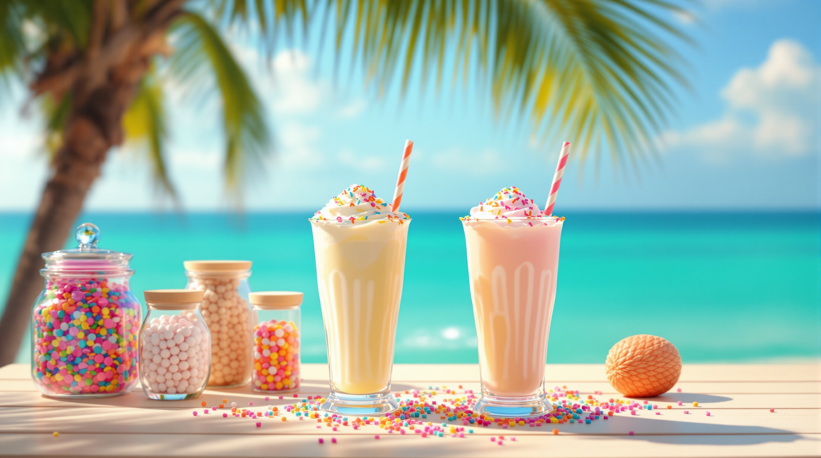 Wide cinematic shot of oversized milkshakes on a sunlit beachside table with candy jars