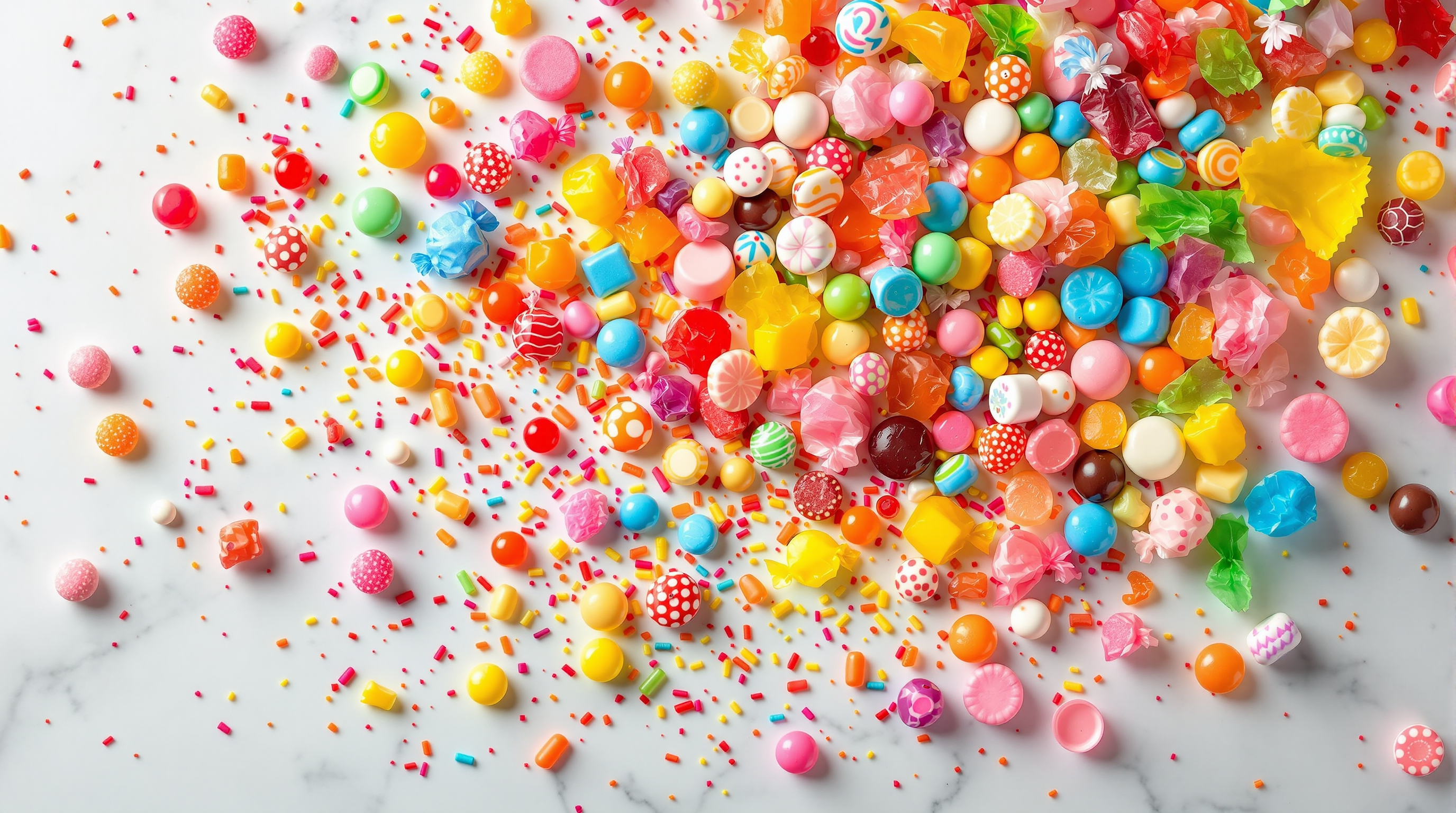 Rainbow overhead spread of colorful candies on a marble surface