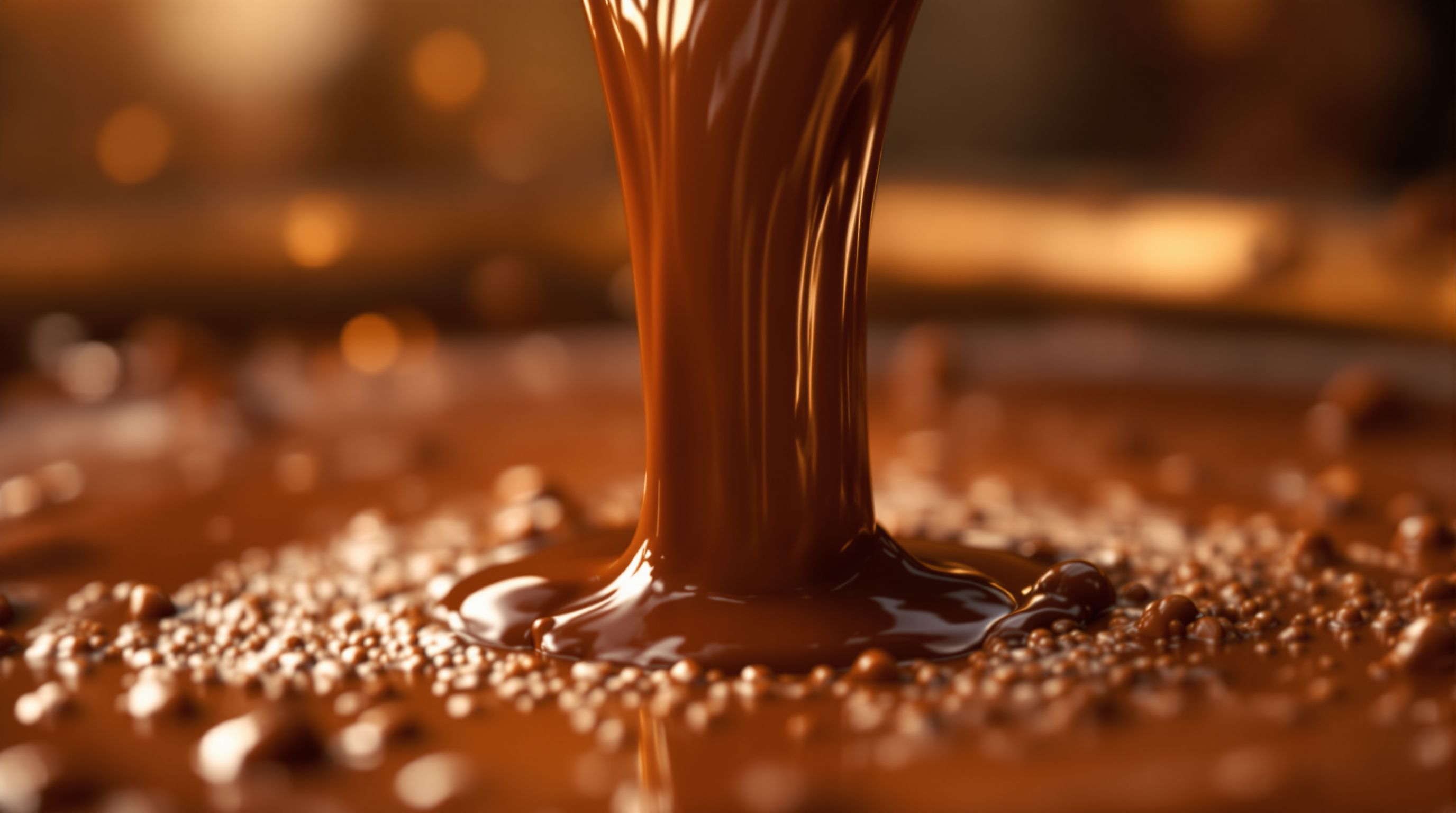 Macro close-up of glossy chocolate flowing in a chocolate fountain