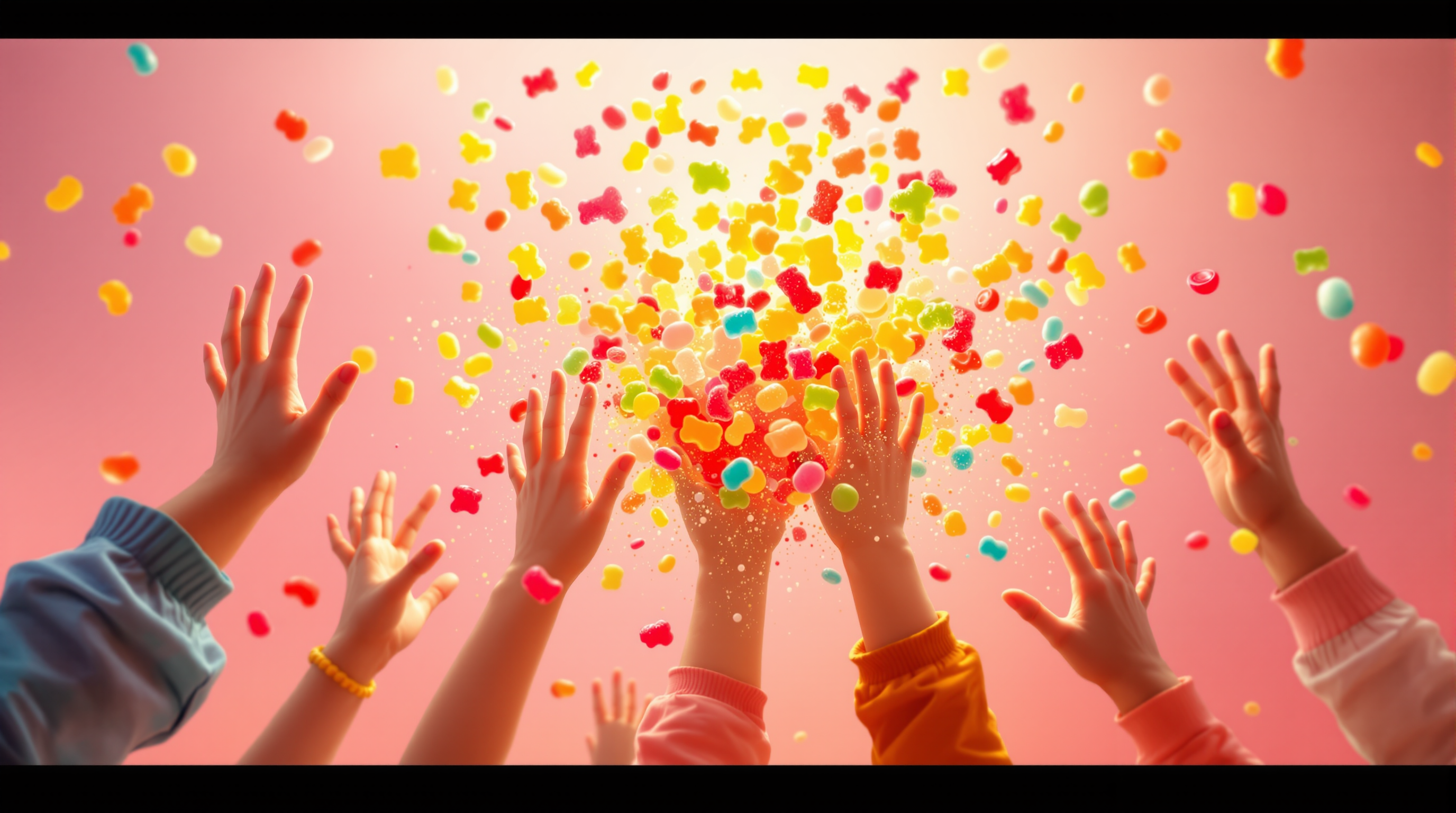 Children's hands reaching joyfully for an explosion of colorful candies