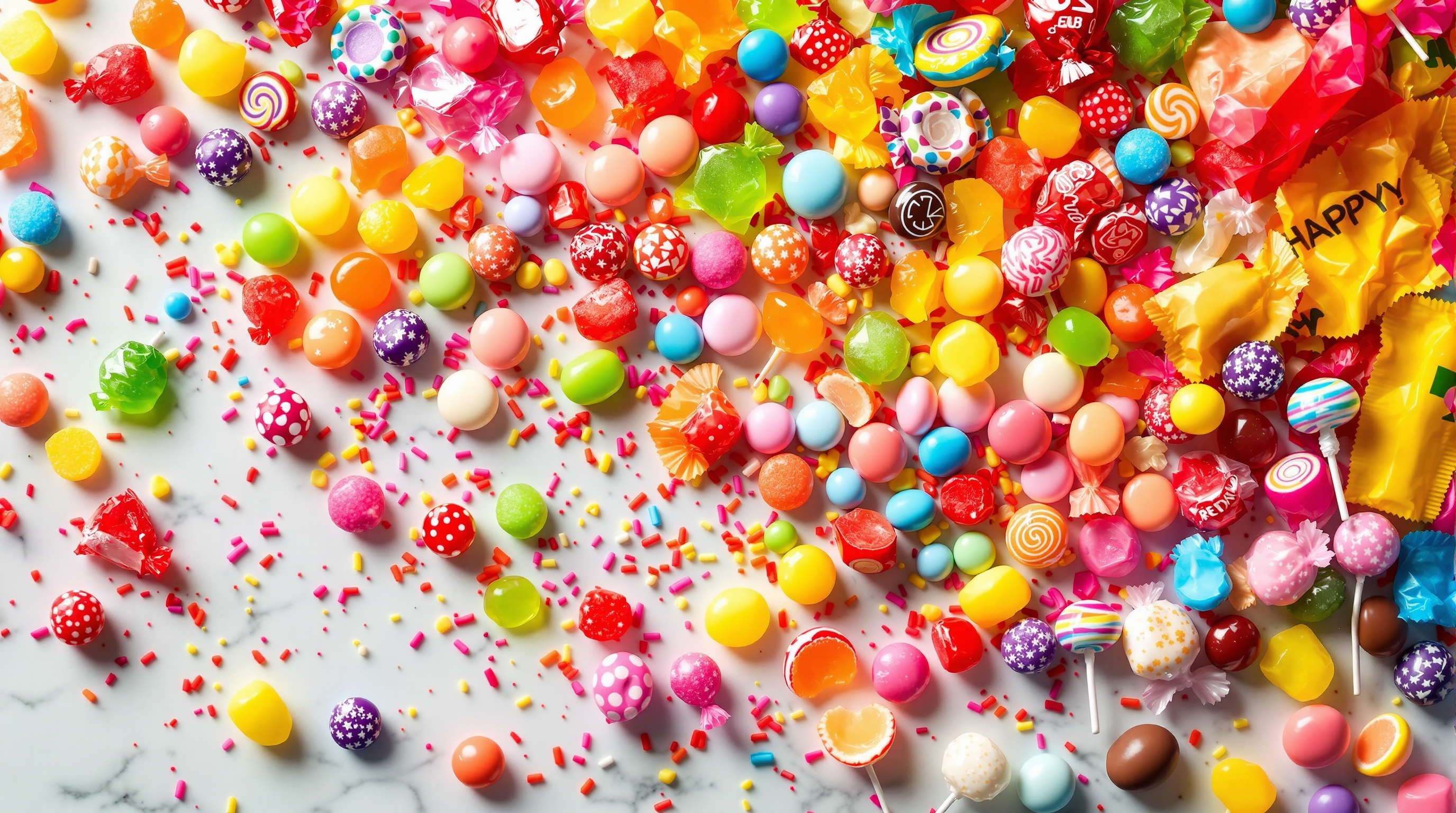 Overhead spread of rainbow candy on a marble surface