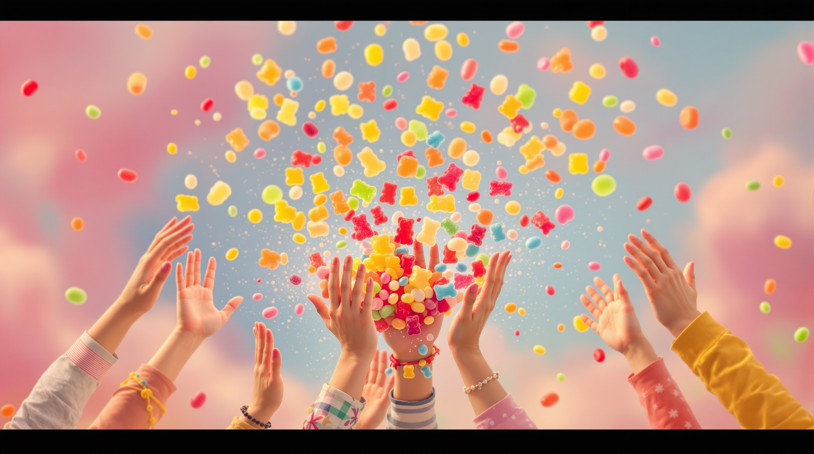 Cinematic wide shot of floor-to-ceiling candy jars in warm magical light