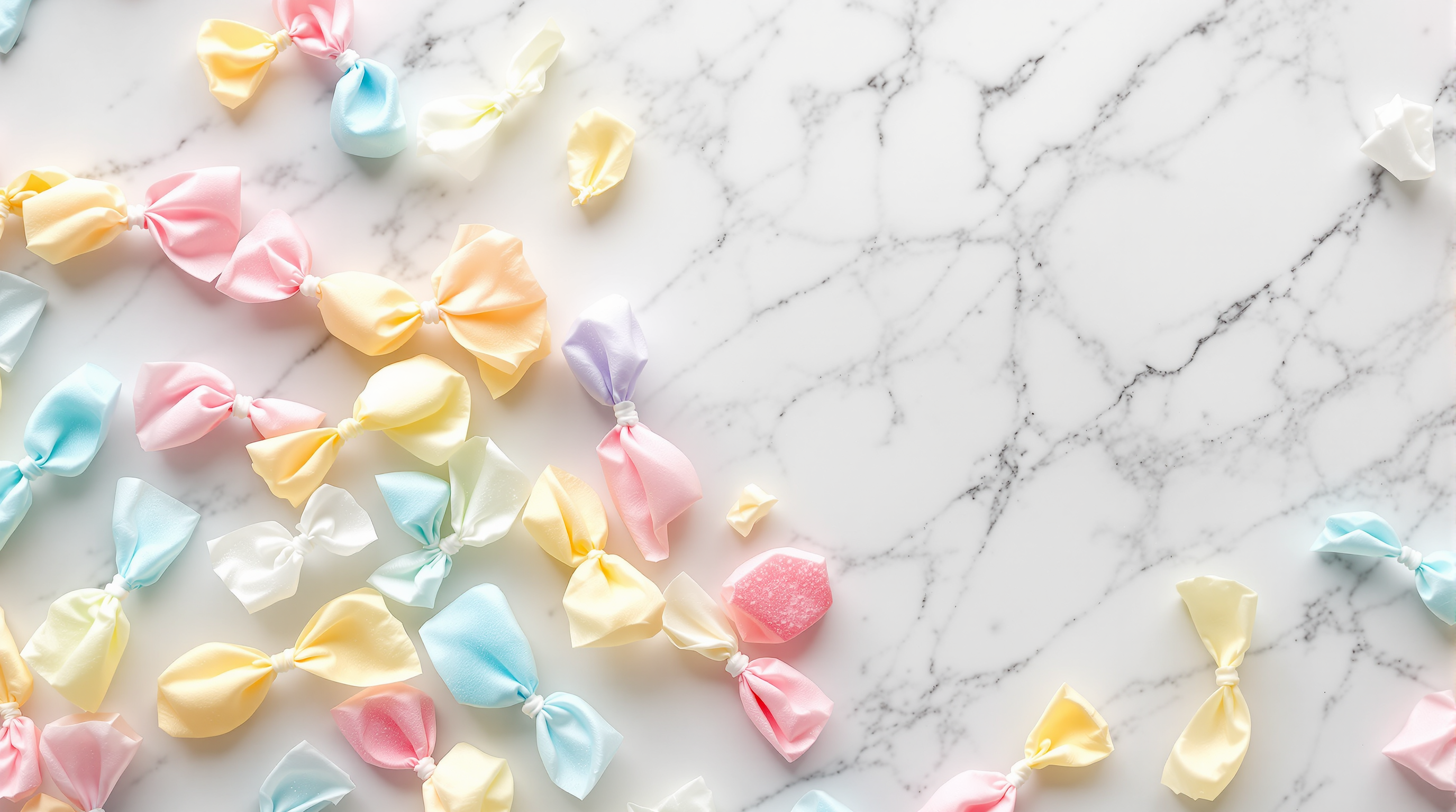 Pastel salt-water taffy candies in twisted wax paper wrappers on a marble surface