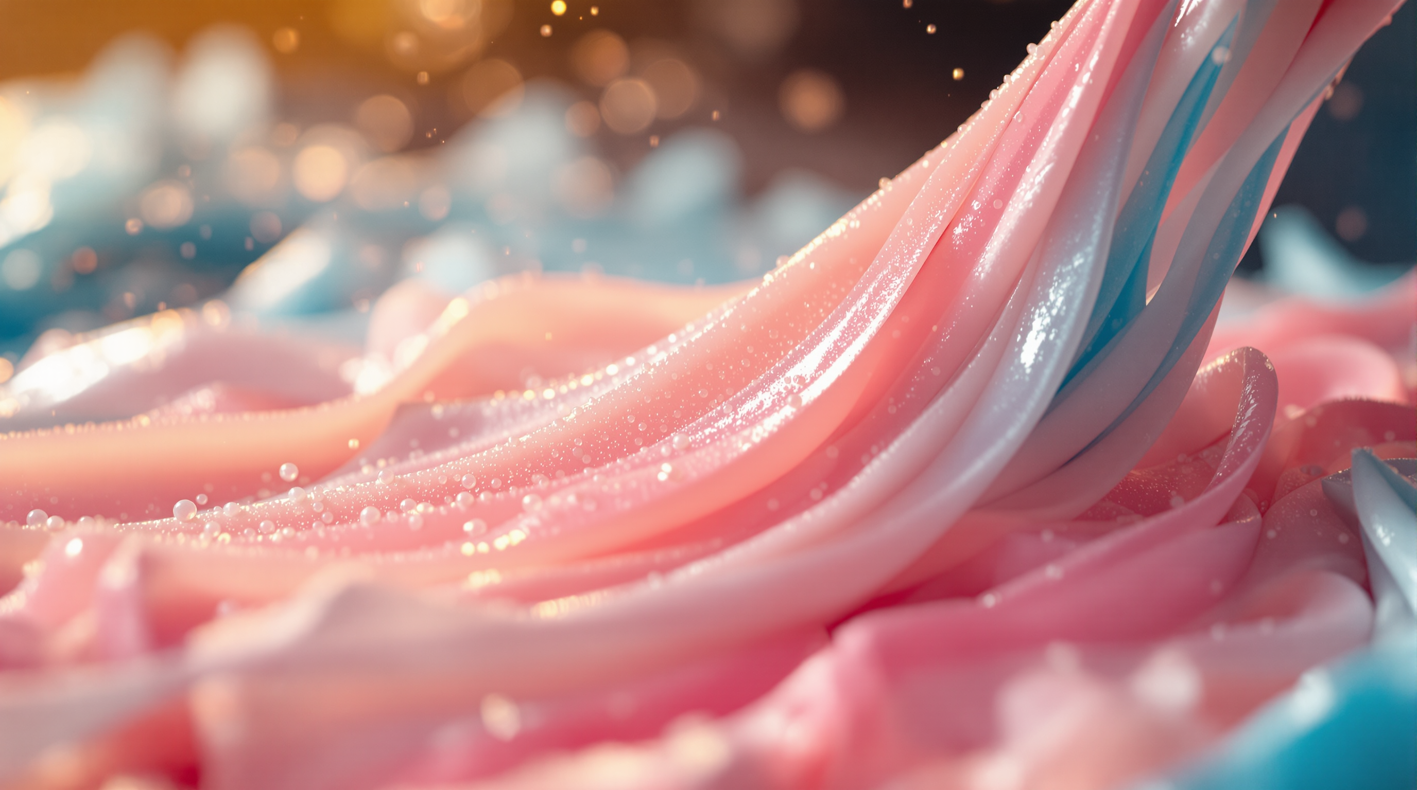 Macro close-up of glossy stretched salt-water taffy strands being pulled in pink and pale blue ribbons