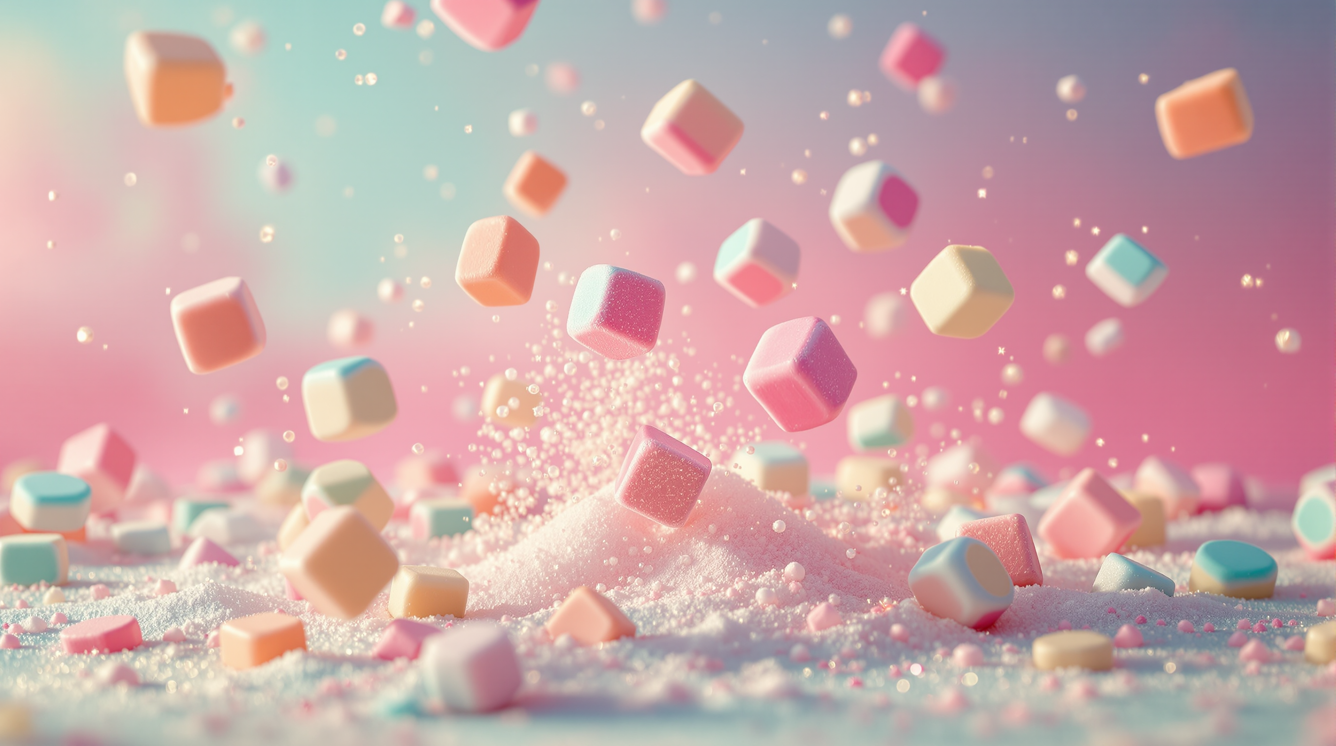 Pastel salt-water taffy pieces tumbling mid-air against a soft beach-pink background